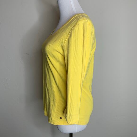 Tommy Hilfiger Yellow Ribbed T Shirt Sz Large 1/2  Sleeve - Picture 3 of 8